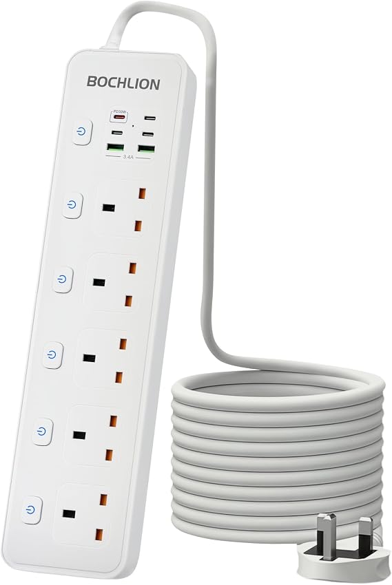 Extension Lead with 6 USB Slots, 5 Way Plug Extension Socket Surge Protection Power Strip with PD30W USB C Slot, Independent Switches and 2M Extension Cord Wall Mounted for Home Office-White