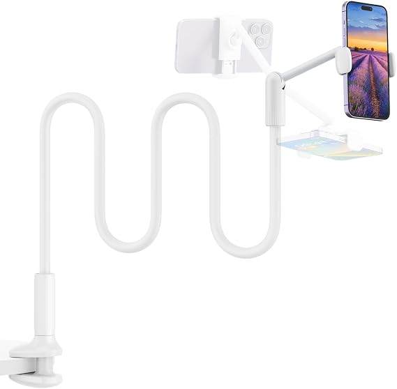 SAIJI Gooseneck Yatak için Telefon Tutacağı, 360° Döndürme Destek Çubuğu Tek Elle Ayarlanabilir Cep Telefonu Standı, Tüm 4,7-7 inç Cihazlarla Uyumlu (Beyaz)