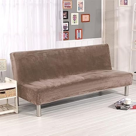 Surwin Armless Sofa Bed Cover, Solid Color Velvet Non Slip Washable Stretch Futon Slipcover Protector for 2 Seater/3 Seater Folding Sofa Bed without Armrests (L:190-210cm,Brown 2)