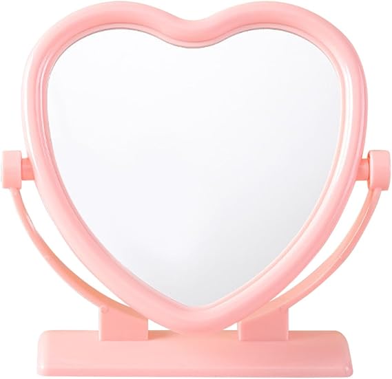 Makeup Mirror Vanity Table Mirror Heart Shaped Double-sided with Rotatable Stand Pink Plastic and Glass Table Top for Vanity and Dressing Room