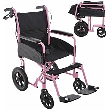 Lightweight Aluminium Folding Transit Compact Travel Wheelchair Net Carry Weight Only 9.5kg, Seatbelt, Attendant Brakes, Adjustable Footrests (Pink, Wide)