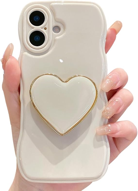 iPhone 17 6.3インチ用かわいいケース、ベージュソフトTPU形状耐衝撃保護カバースタンド付き、ラグジュアリーバンパーウェーブフレームカーリーシェイプラブハートホルダーキックスタンド電話ケース ガールズ レディース
