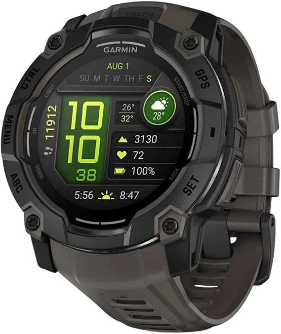 Garmin Instinct® 3 50 mm, AMOLED ekran, sağlam dış mekan GPS akıllı saat, metal takviyeli çerçeve, dahili el feneri, 18 güne kadar pil ömrü, kömür