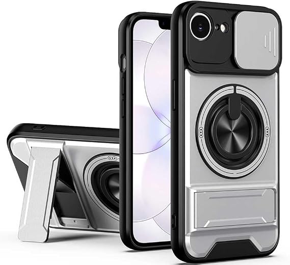 For iPhone17e / iPhone16e との互換性あり ケース リング付き スライドカバー 耐衝撃 MagSafe対応 スタンド 衝撃吸収 スマホケース 高耐久性 シルバー