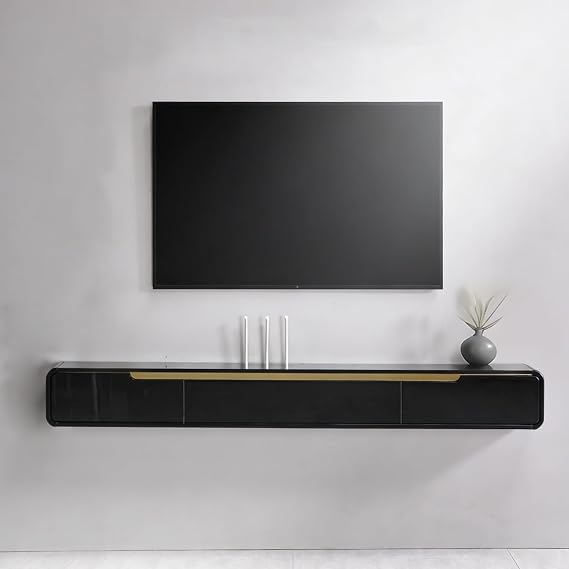 Fully-Assembled Minimalist Floating TV Stand, Modern Wall-Mounted Solid Wood TV Console with 2 Drawers and 1 Flip-Down Doors, for Bedroom Living Room Decor (A black, 180CM)