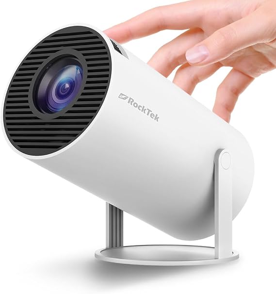 RockTek Smart Mini Projector Automatic Keystone Correction 720P HD Support 4K 250 ANSI 2.4G/5G WiFi BT 5.0 130 inch Screen 180 Degree Projection Angle Portable Home and Outdoor Video Projector PJ200