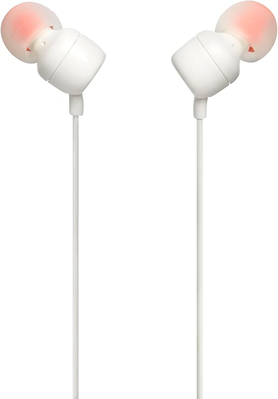 JBL Tune 110 - In-Ear Headphones Pure Bass Sound 1 Button Remote Microphone and Tangle-Free Flat Cable White