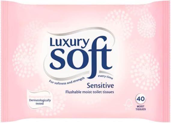 Luxury Soft Sensitive Flushable Moist Toilet Tissues, 40 Tissues, Dermatologically Tested, Fragrance Free