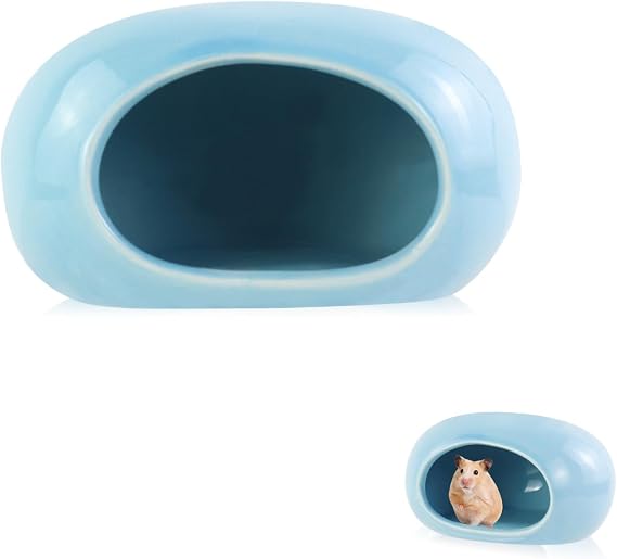 Ceramic Hamster Hideout, Cooling Hamster House All-Season Small Animal Cave, Easy to Clean Hamster Habitats Cave for Dwarf Hamsters, Gerbils, Mice (Blue)