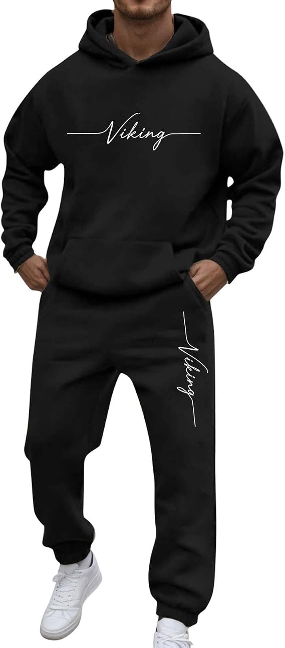 Mens Basic Tracksuit Letter Printed Pullover Hoodie 2 Piece Athletic Sweatsuit Casual Hoody Top Fleece Joggers Set Y2K Jogging Suits Sweat Outfits Gym Track Suit Comfy Activewear Sportswear