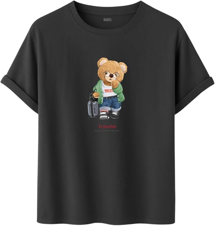 DAKSEL Ayıcık Baskılı Traveler Oversize Pamuklu Unisex Tişört, Grafik Baskılı, 10+ Renk Seçeneği