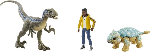 Jurassic World Toys - Darius Storypack con 3 Figuras de acción, Darius, Velociraptor Blue y Ankylosaurus Bumpy, Decoración auténtica de Campamento Cretácico y articulaciones móviles