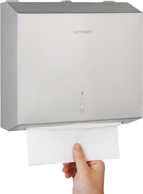 anydry Wandmontierter Papiertuchspender – 250-Blatt-Kapazität polierter Edelstahl abschließbar geeignet für Mehrfalt-/Z-Falt-Tücher (gefaltene Größe ≤ 27 cm x 10 cm) Spazzolato