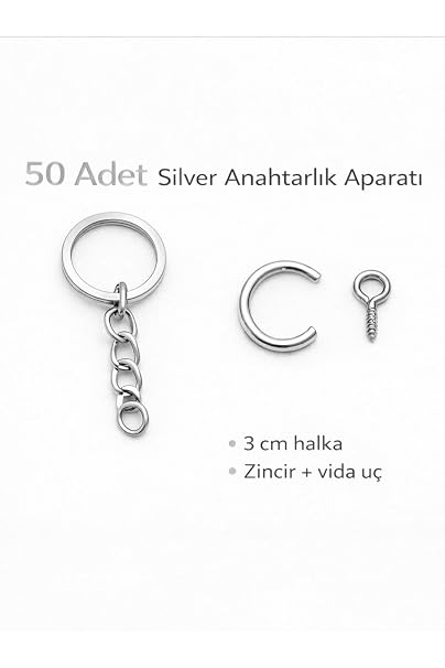 50 Adet Silver Anahtarlık Halkası Seti 2,4 cm Zincirli Vida Uçlu Aparat