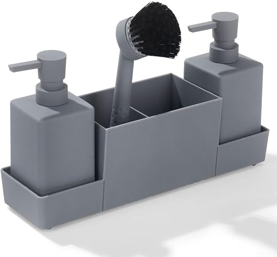 Kitchen Sink Organiser Set With Dual 350Ml Soap Dispensers, Plastic Construction, Cleaning Brush, Multi-Purpose Sponges And Removable Drip Tray For Washing And Tidy Counter Space(Grey)