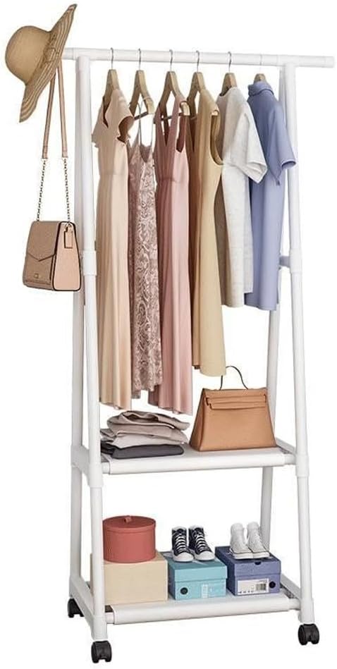 Bamboo Coat Rack Free Standing Metal Clothes Rail with Storage Shelf 57x46x158cm for Bedroom Office Living Room Stylish & Functional (White)