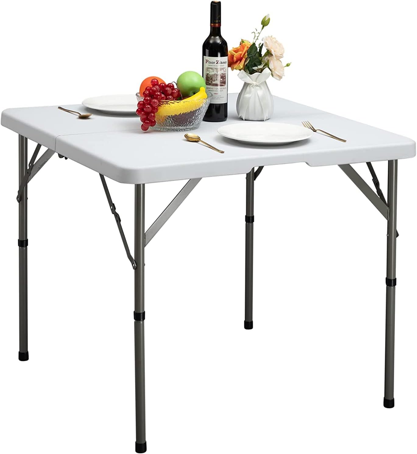 HollyHOME Square Folding Table 2.8FT87cm Garden Table Foldable Dining Table for Camping Picnic Balcony Portable Plastic Trestle Table for Party BBQ Catering Kitchen Outdoor Indoor