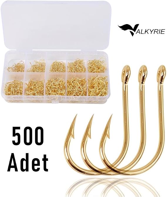 Valkyrie 500 Adet Altın Renk Olta İğnesi Seti – 10 Farklı Boy, Paslanmaz Çelik, Halkalı Keskin Balık Kancası