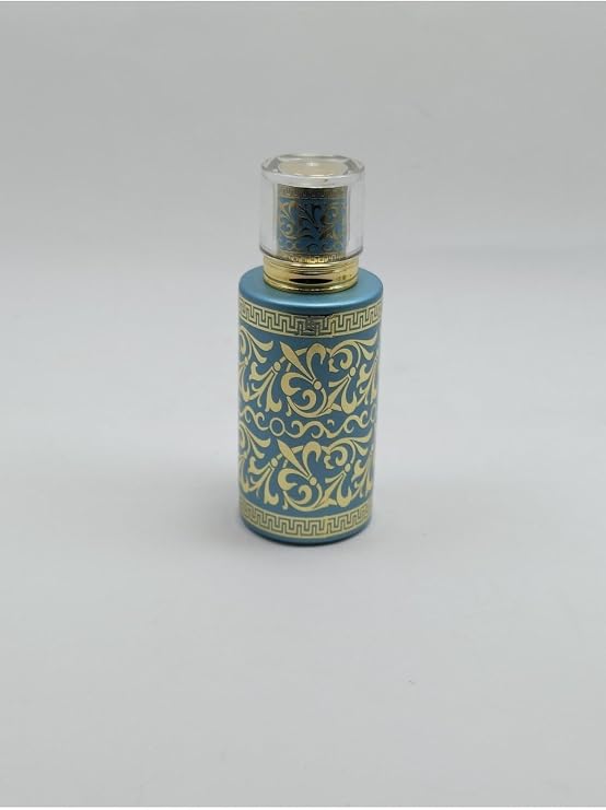 Boş Dekoratif Cam Parfüm Şişesi, Mavi-Altın Desenli, Kristal Kapaklı, Silindirik Tasarım 50ml