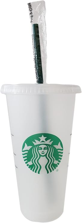 Starbucks 1 Paket Paket - Yeniden Kullanılabilir Buzlu 24 oz Kapaklı ve Yeşil Pipetli Soğuk Bardak