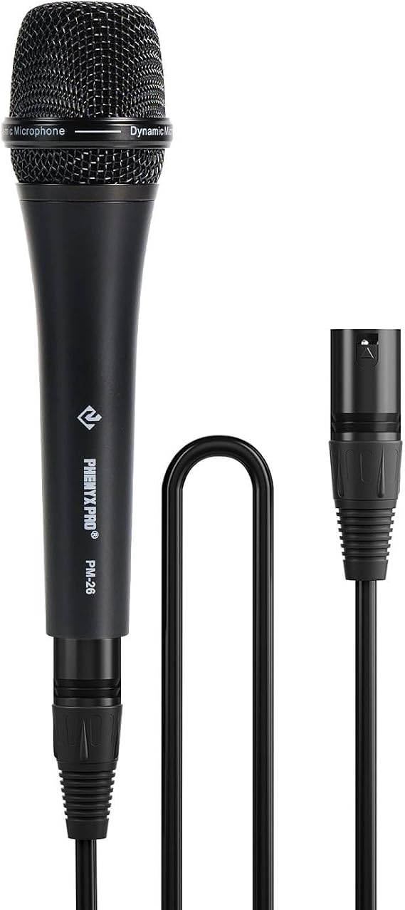 Phenyx Pro Vocal Microphone Super Cardioid Dynamic Microphone 16.3ft XLR Cable Mic Clip Storage Bag Wired Handheld Microphone for Singing Stage Studio Karaoke PM-26