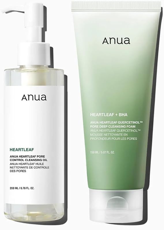 Anua Double Cleansing Duo for Facial Cleansing : Heartleaf Pore Control Cleansing Oil & Quercetinol Pore Deep Cleansing Foam for Double Cleansing, Korean Skincare