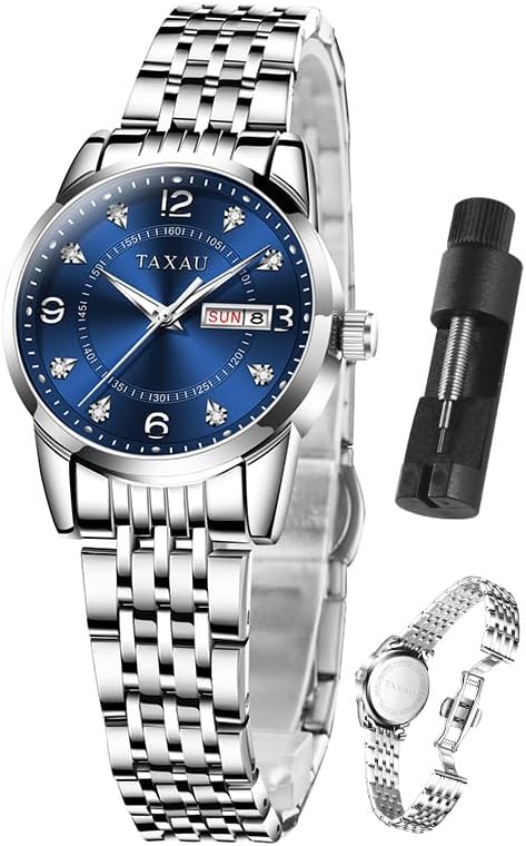 Taxau Armbanduhr Damen Edelstahl Kleine Damenuhr mit Arabischen Ziffern Quarzuhr Damen mit Datum Easy Read Zifferblatt 3 Bar Wasserdicht Elegante Uhr für Frauen