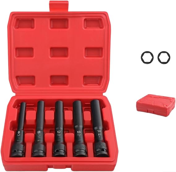 Extended Thin Wall Socket Set 1/2 Inch Drive Metric Chrome Vanadium Steel Long Reach Deep Sockets For Impact Wrench Motorcycle Auto Repair Tool Kit Black 5 Piece Assortment 7mm To 24mm Sizes(A)