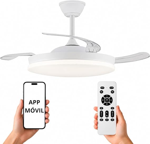 NARVI Ceiling fan with 3 transparent retractable blades, DC motor 30W, LED light 60W dimmable in intensity and color, with memory and remote control white.