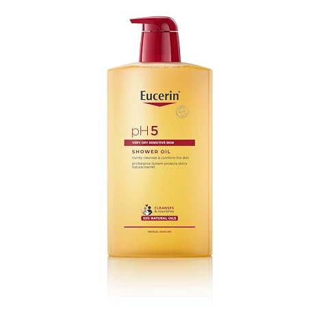 Eucerin pH5 Óleogel de Ducha Reconfortante (1000 ml), aceite limpiador corporal y facial con aceites naturales, fórmula extrasuave sin jabón, aceite para ducha para piel seca y sensible