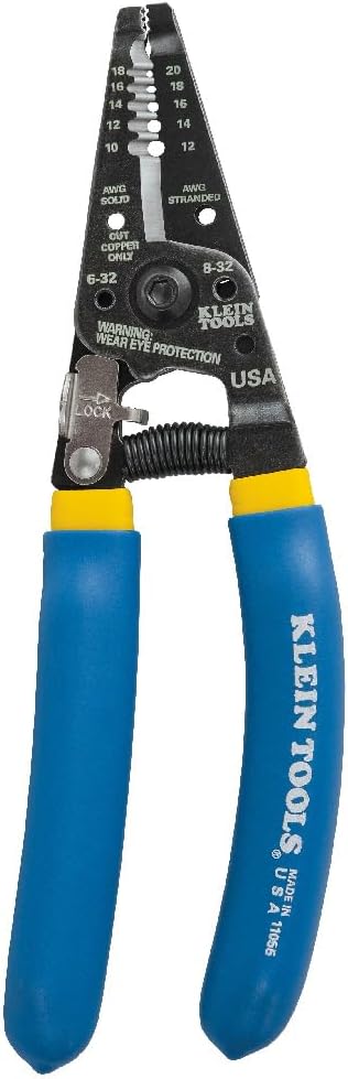 Klein Tools 11055 Klein Tools Kavisli Kablo Sıyırma Pensesi/Tel Kesici, Sarı Şeritli Mavi, 10-20 ga., 10-18 AWG Masif, 12-20 AWG, Kıvrılmış