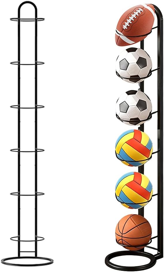 Ball Storage Rack, 6 Tier Vertical Football Stand, Removable Metal Ball Stand Sports Organizer Football Holder, Black Display Stand for Basketball Volleyball football Soccer Outdoor Indoor