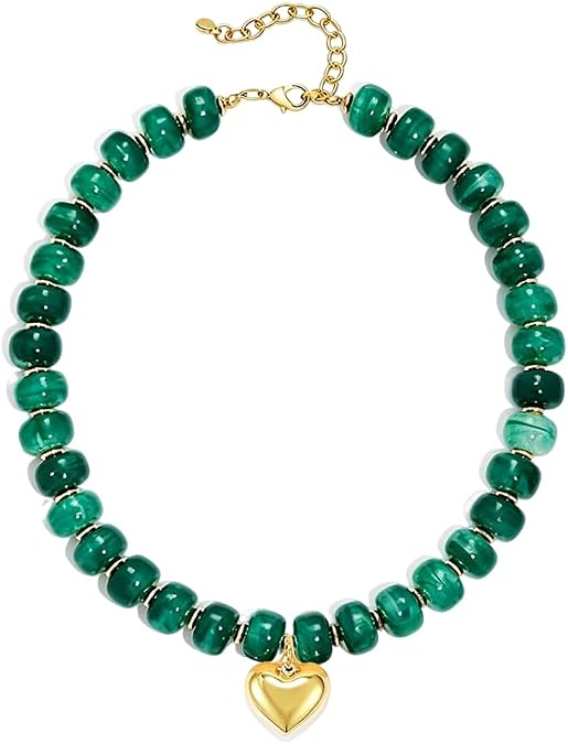 Chunky Beaded Necklace for Women, Trendy Acrylic Puff Heart Pendant Choker, Resin Bead Y2K Choker Boho Statement