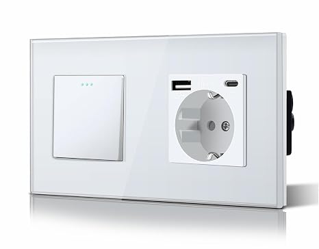 BSEED 1 Gang 2 Way Switch with USB/Type C Plug, Glass Frame, 10A Wall Switches with Phosphorescent Point, Horizontal or Vertical Installation, M Series, 157 mm White