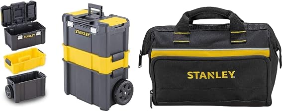 STANLEY Essential Rolling Workshop Toolbox, 3 Tier Stackable Units, STST1-80151 & Tool Bag 30 x 25 x 13 cm in Resistant 600 x 600 Denier with 8 Interior 2 Exterior Pockets and Reinfored Base 1-93-330