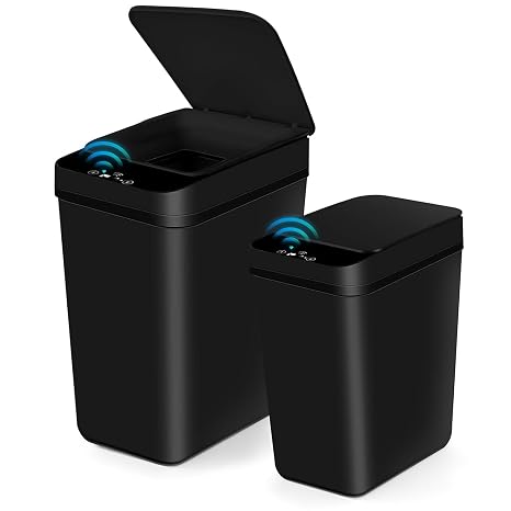 MSYU 2 Pack Automatic Trash Can -3.1 Gal & 4.7 Gal,Waterproof Slim Touchless Bathroom Garbage Can with a Lid,Smart Electric Plastic Garbage Bin for Bathroom Bedroom Office Kitchen (Black)