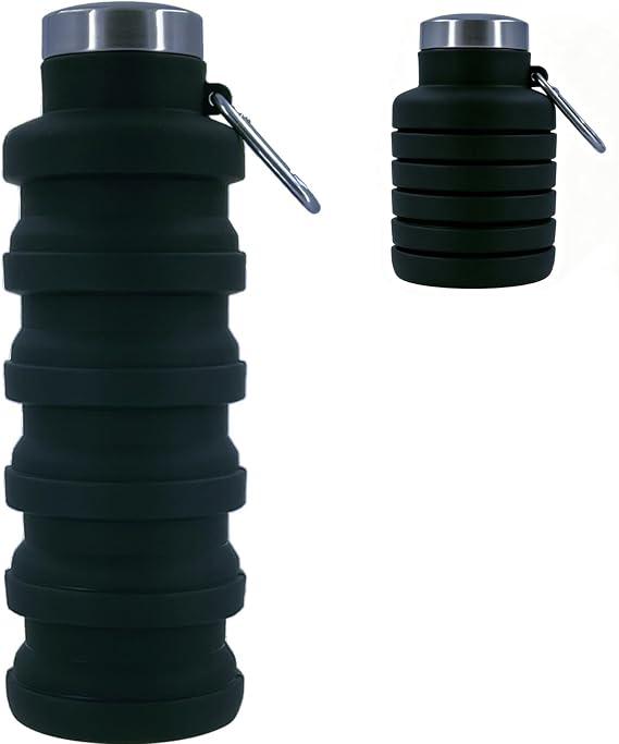 Collapsible Water Bottle, Foldable Water Bottles 17oz, Portable Leak Proof Sports Water Bottle, BPA Free Reusable Travel Water Bottle, Silicone Collapsible Water Bottles with Carabiner (Black)