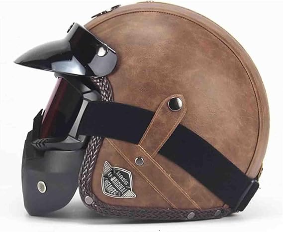 Pu Leather Helmets Motorcycle Chopper Bike Helmet Open Face Vintage Motorcycle Helmet Goggle Mask Full Face Helmet Motorbike Brown,M