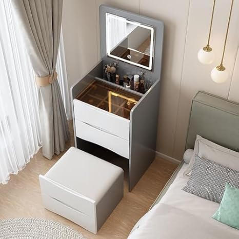 3 in 1 Dressing Table with Flip-top Mirror and Rolling Stool LED Lights Integrated Makeup，LED Lighted Vanity Table with 3 Drawers & Stool - Modern Makeup Desk with Adjustable Brightness Styl