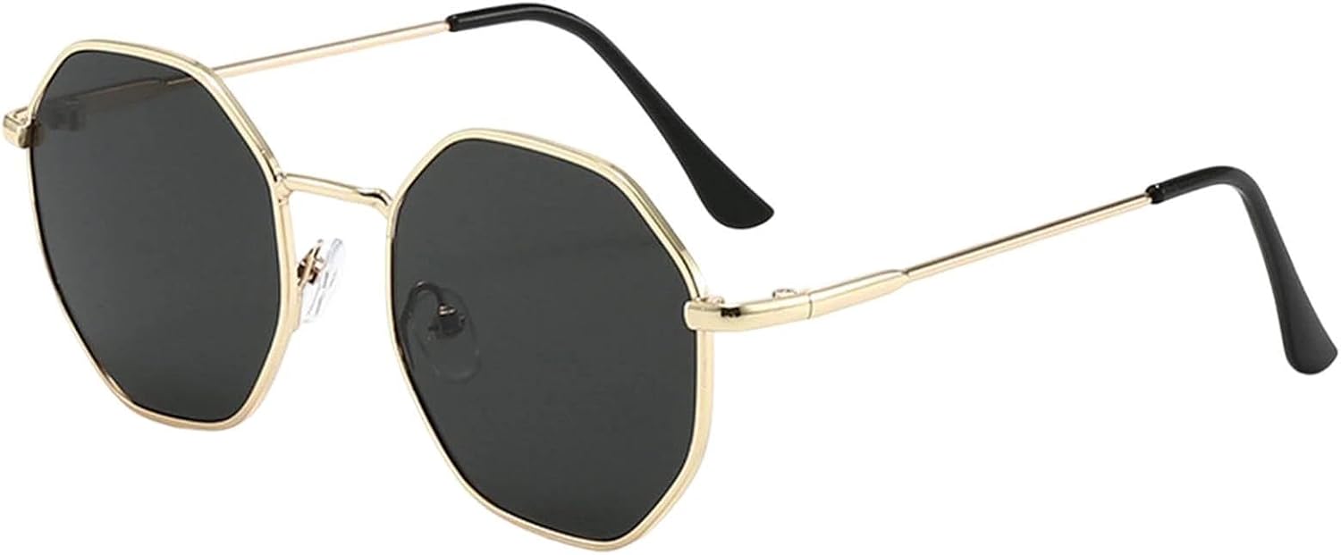 Hexagonal Sunglasses for Men Women, Polarised Polygon Retro Square Glasses Metal Frame UV400 Protection