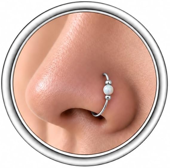 Thin 24g Silver Nose Ring - Delicate and Comfortable 925 Sterling Silver Hoop with 2mm White Opal - Trendy 24 Gauge 7mm Nose Piercing Jewelry