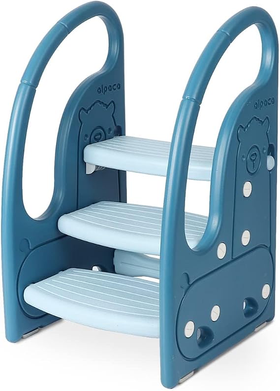 Onasti Step Stool for Kids, 3-Step Height Adjustable Toddler Step Stool, Plastic Learning Tower, Kitchen Helper, Toilet Steps with Handles and Non-Slip Pads, for Counter, Bathroom & Sink (Blue)