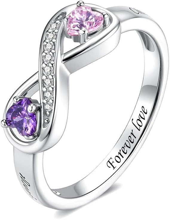 Personalised Infinity Double Heart Birthstone Promise Ring Custom 2 Names & Text Engagement Wedding Rings Matching Rings for Couples Sterling Silver Gift for Women Wife Girlfriend Daughter Sister