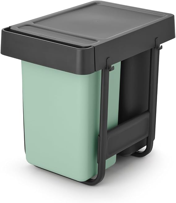 Brabantia Sort & Go Pull Out Bin | 2 x 15L Built-in Under Sink Cupboard Bin Inside Door for Kitchen | Integrated Double Waste Recycling Unit with Smooth Rails, Removable Inner Buckets | Grey & Green