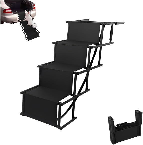 Foldable Dog Steps, Loadable up to 80kg Car Ramps, 4 Steps Pet Stairs, Nonslip Surface, 47cm Widen, Large and Small Dogs, Space-saving, Lightweight Step for Cars, SUVs & Trucks