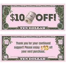 50pcs $10 Gift Voucher, Cash Coupon Loyalty Reward Cards for Small Business, Client Appreciation Thank You Coupons, Money-Style Discount Certificates