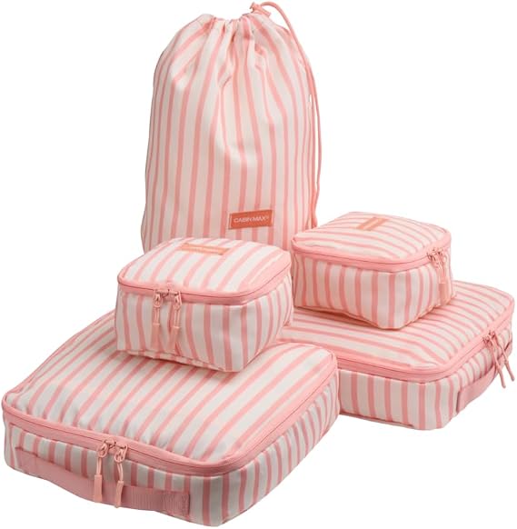 Packing Cubes for Backpack and Suitcases - 4 Piece Travel Packing Cube Set with Laundry Bag - Luggage Organiser Bags for Travel - Striped (Pink Stripe)