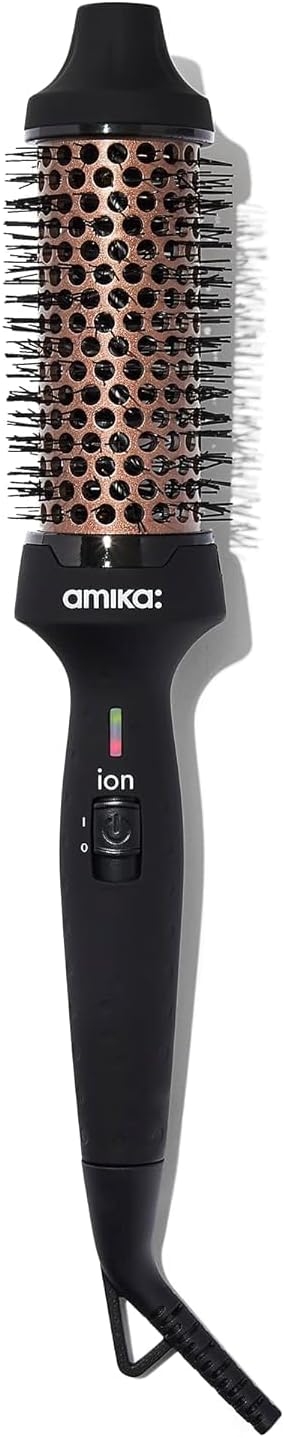 amika blowout babe thermal brush - hot brush for hair styling with 1.5 inch ceramic barrel + nylon bristles - heated hair styler + curler with ionic generator for frizz-free shine - up to 232 degrees