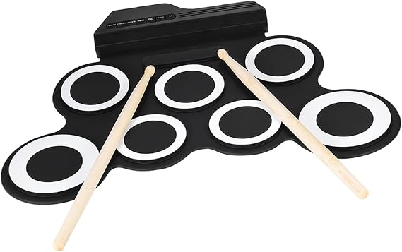 7 Pads Drum Set Compact Size Portable Digital Electronic Roll Up Drum Set Kit 7 Silicon Drum Pads USB Powered with Drumsticks Foot Pedals 3.5mm Audio Cable for Practice Beginners