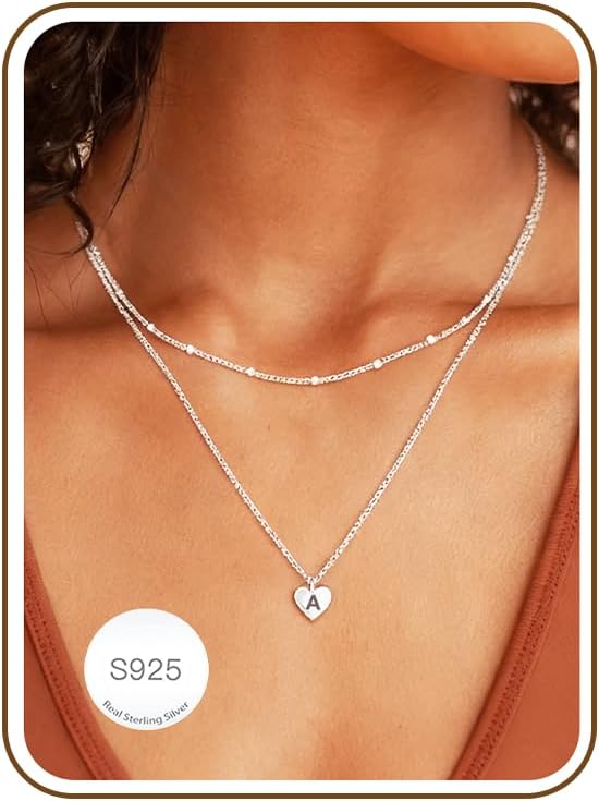 Avotto Sterling Silver Necklace for Women Silver A-Z Initial Heart Necklace for Women Layered Double Necklace for Women Birthday Presents Gifts